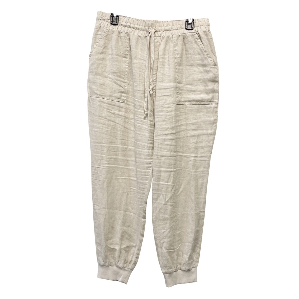 Magaschoni Women's Beige Linen Elastic Waist Pocket Jogger Pants Size L